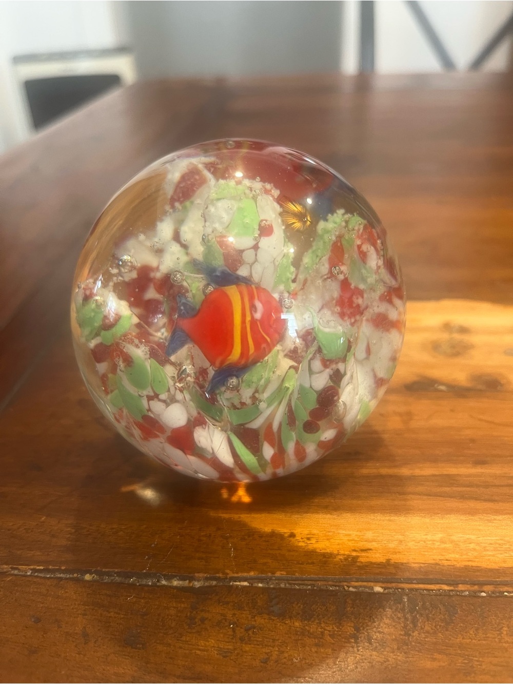 Colorful Glass Fish Paperweight - Red, Orange, Green, White